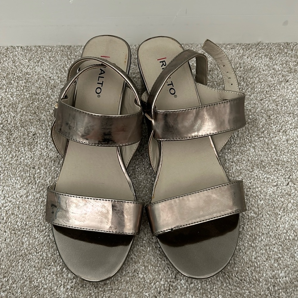 Gold metallic strappy block heels